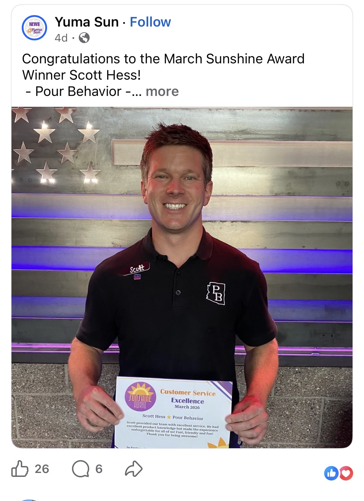 Scott Hess holding his March 2026 Sunshine Award for Customer Service Excellence, featured by the Yuma Sun